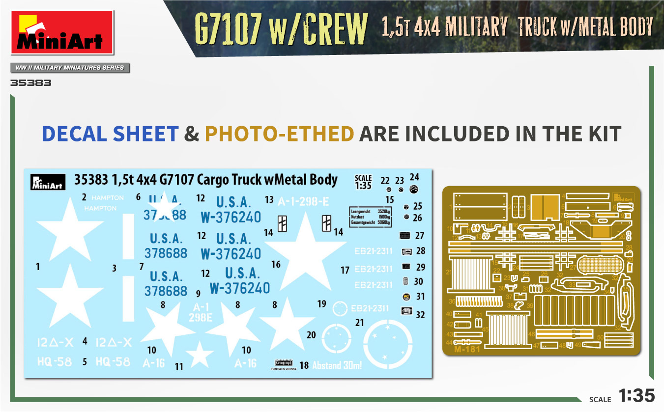 MiniArt 1:35 G7107 w/Crew 1,5t 4x4 Cargo Truck w/ Metal Body MA35383 - Afbeelding 7