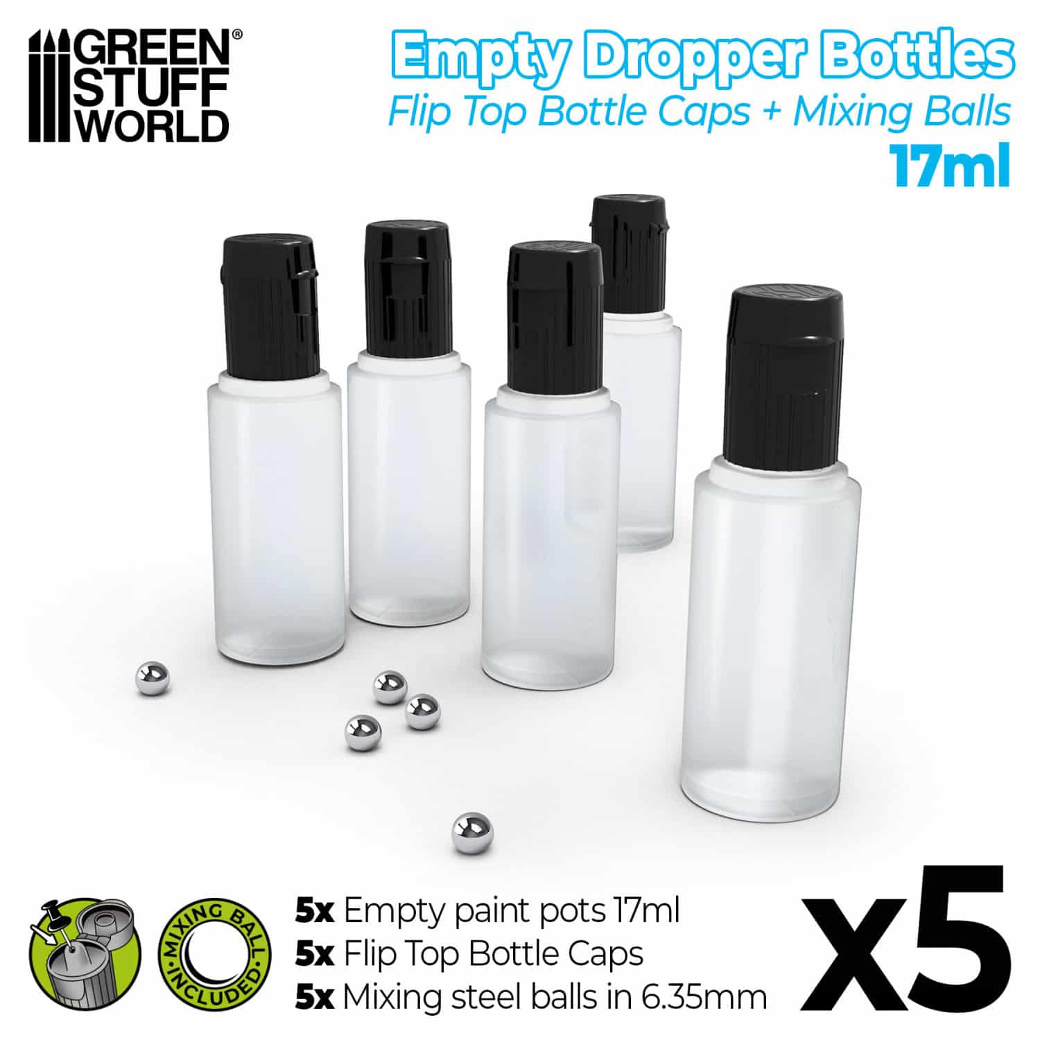 Green Stuff Empty Dropper Bottles 17ml whit Mixing Balls GSW9274