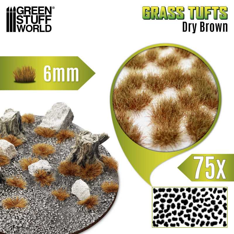 Green Stuff Static Grass Tufts 6mm DRY BROWN 75 stuks GSW10672 - Afbeelding 2