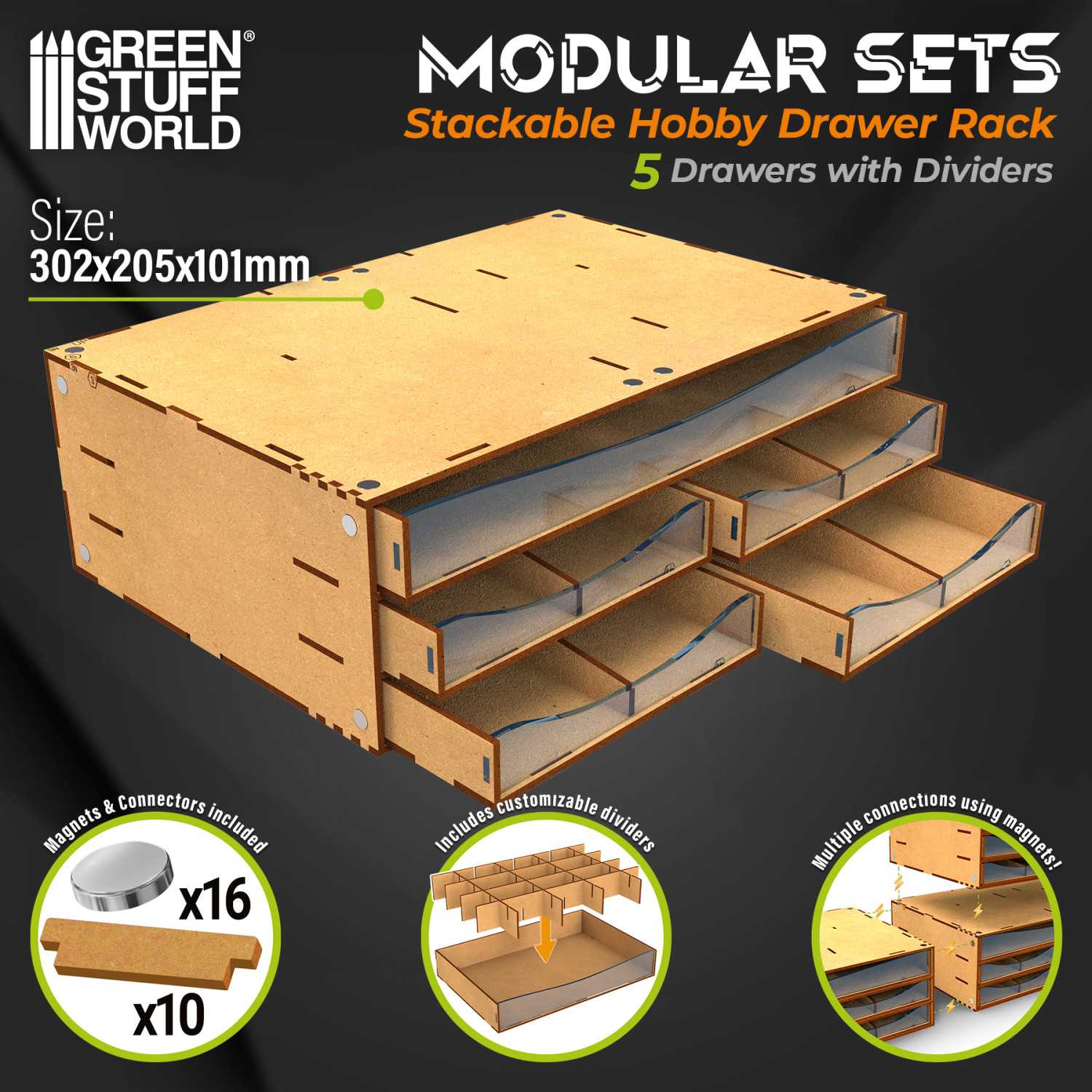 Green Stuff Stackable Hobby Drawer Rack with 5 horizontal drawers and dividers GSW6691